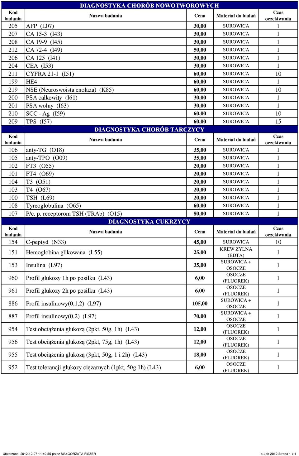 (I9) 60,00 SUROWICA 0 209 TPS (I7) 60,00 SUROWICA DIAGNOSTYKA CHORÓB TARCZYCY Nazwa Cena Materiał do badań 06 anty-tg (O8) 3,00 SUROWICA 0 anty-tpo (O09) 3,00 SUROWICA 02 FT3 (O) 20,00 SUROWICA 0 FT4