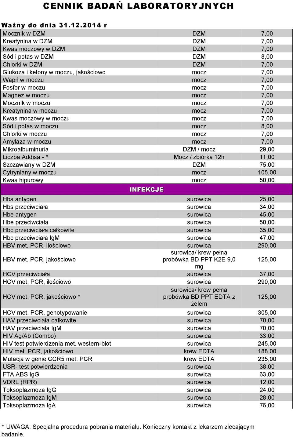 w moczu mocz 7,00 Mikroalbuminuria DZM / mocz 29,00 Liczba Addisa - * Mocz / zbiórka 12h 11,00 Szczawiany w DZM DZM 75,00 Cytryniany w moczu mocz 105,00 Kwas hipurowy mocz 50,00 INFEKCJE Hbs antygen