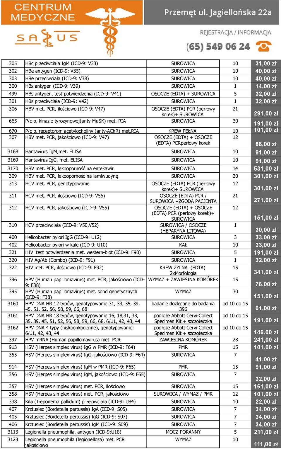 PCR, ilościowo (ICD-9: V47) OSOCZE (EDTA) PCR (perłowy 21 korek)+ SUROWICA 291,00 zł 665 P/c p. kinazie tyrozynowej(anty-musk) met. RIA SUROWICA 30 191,00 zł 670 P/c p.