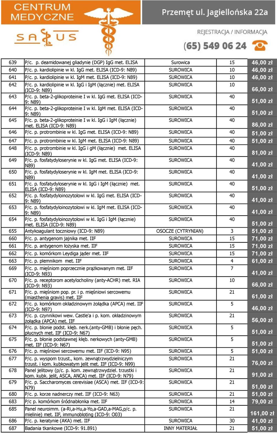 ELISA (ICD- SUROWICA 40 9: N89) 644 P/c. p. beta-2-glikoproteinie I w kl. IgM met. ELISA (ICD- SUROWICA 40 9: N89) 645 P/c. p. beta-2-glikoproteinie I w kl. IgG i IgM (łącznie) SUROWICA 40 met.