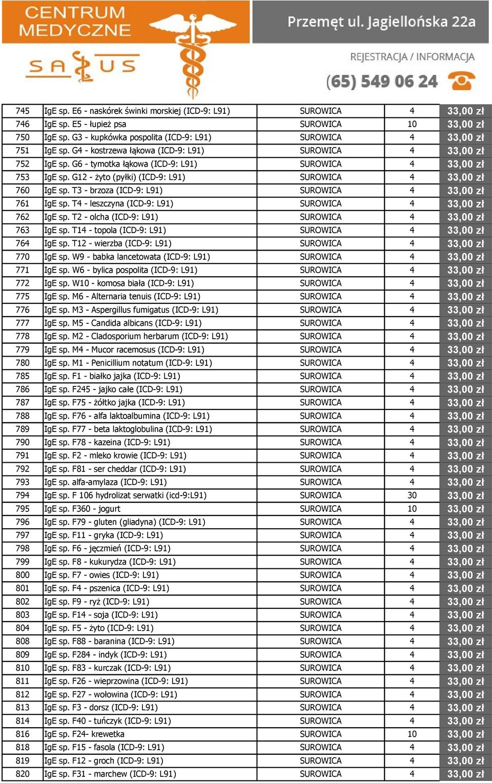 T3 - brzoza (ICD-9: L91) SUROWICA 4 761 IgE sp. T4 - leszczyna (ICD-9: L91) SUROWICA 4 762 IgE sp. T2 - olcha (ICD-9: L91) SUROWICA 4 763 IgE sp. T14 - topola (ICD-9: L91) SUROWICA 4 764 IgE sp.