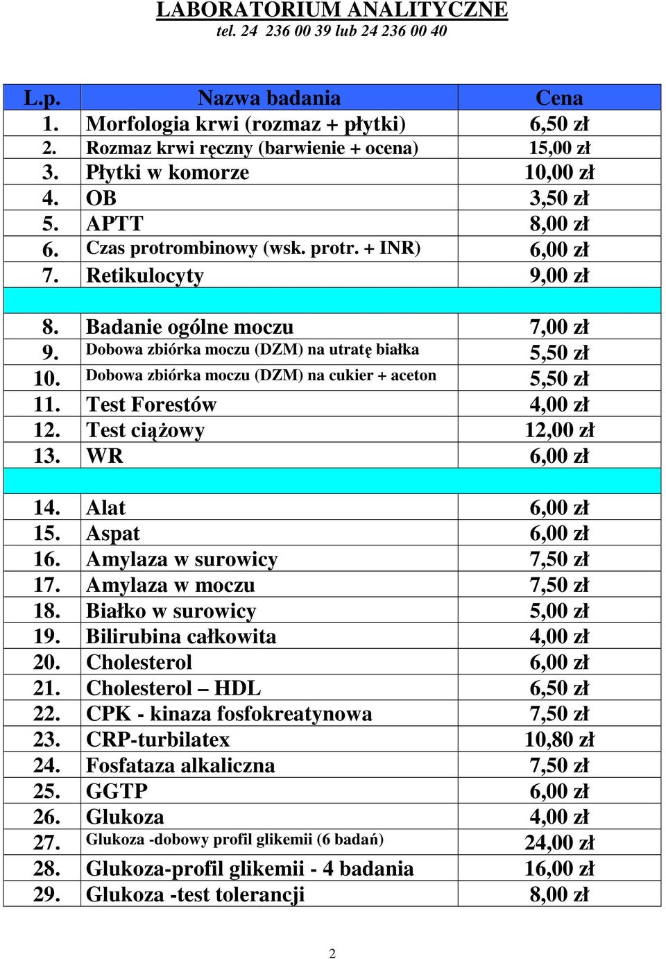 Dobowa zbiórka moczu (DZM) na utratę białka 5,50 zł 10. Dobowa zbiórka moczu (DZM) na cukier + aceton 5,50 zł 11. Test Forestów 4,00 zł 12. Test ciąŝowy 12,00 zł 13. WR 6,00 zł 14. Alat 6,00 zł 15.