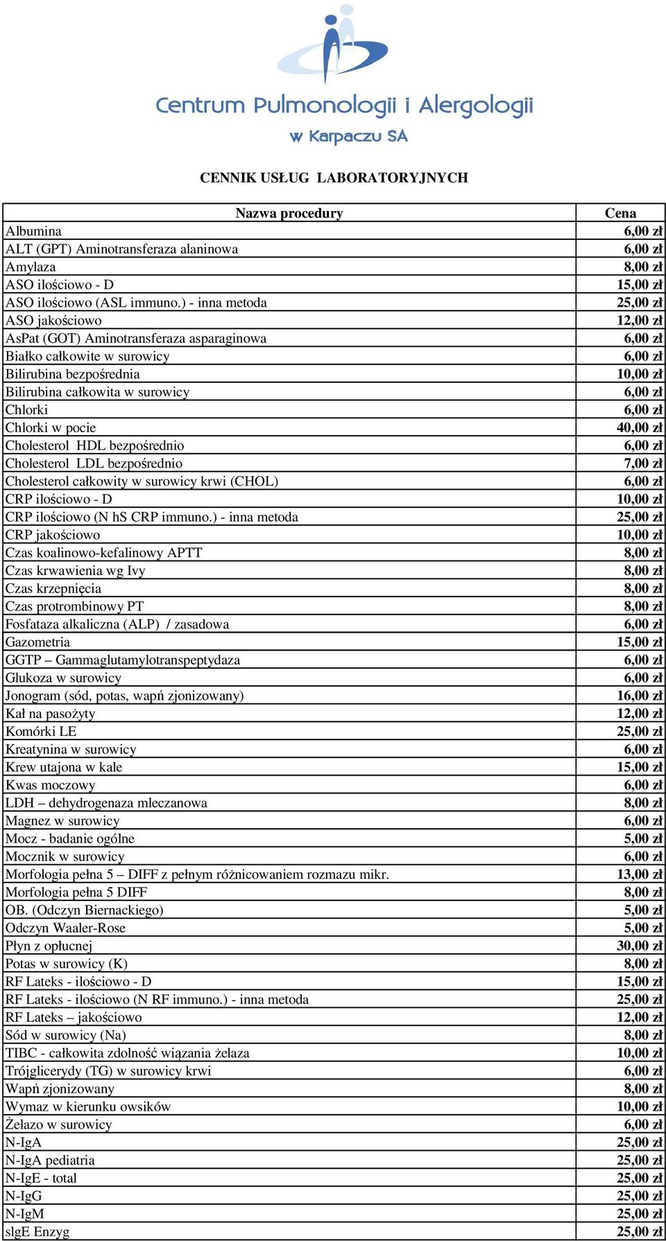 bezpośrednio Cholesterol LDL bezpośrednio Cholesterol całkowity w surowicy krwi (CHOL) CRP ilościowo - D CRP ilościowo (N hs CRP immuno.