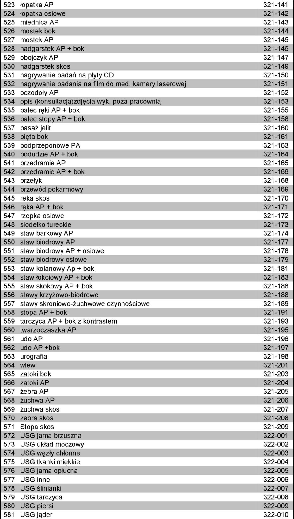 poza pracownią 321-153 535 palec ręki AP + bok 321-155 536 palec stopy AP + bok 321-158 537 pasaż jelit 321-160 538 pięta bok 321-161 539 podprzeponowe PA 321-163 540 podudzie AP + bok 321-164 541