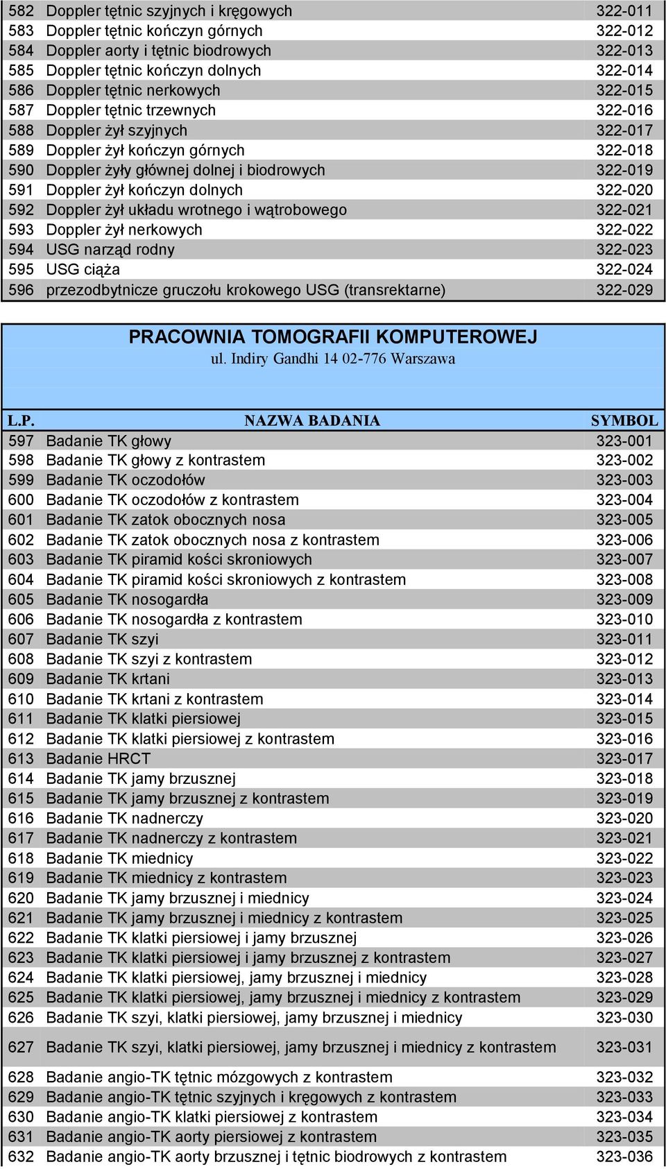 kończyn dolnych 322-020 592 Doppler żył układu wrotnego i wątrobowego 322-021 593 Doppler żył nerkowych 322-022 594 USG narząd rodny 322-023 595 USG ciąża 322-024 596 przezodbytnicze gruczołu