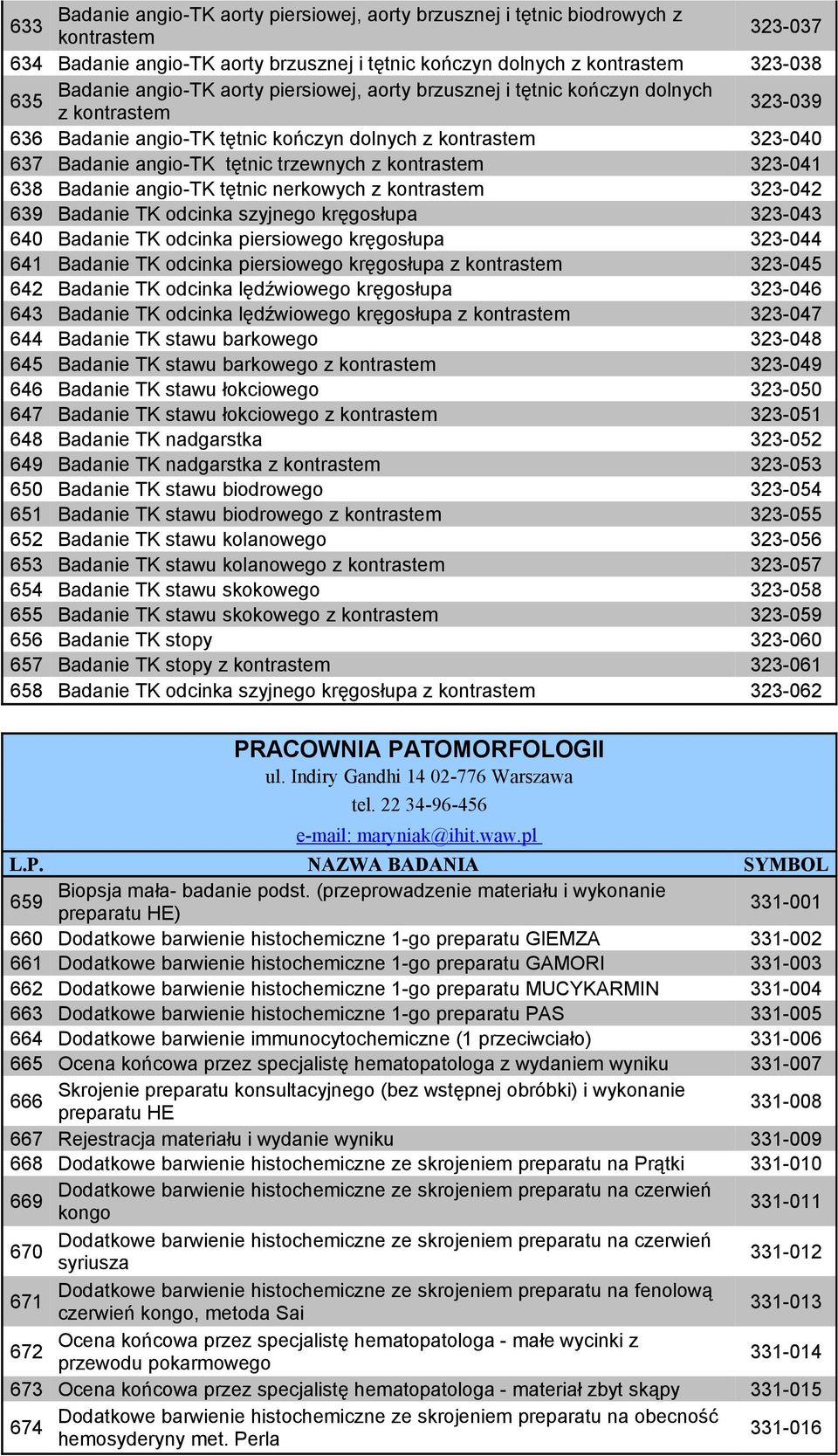 323-041 638 Badanie angio-tk tętnic nerkowych z kontrastem 323-042 639 Badanie TK odcinka szyjnego kręgosłupa 323-043 640 Badanie TK odcinka piersiowego kręgosłupa 323-044 641 Badanie TK odcinka