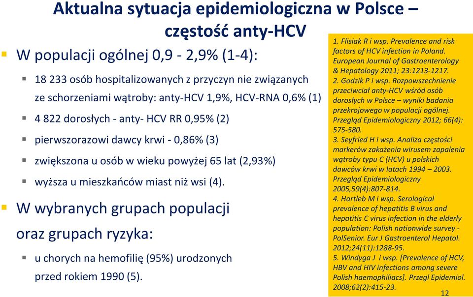 W wybranych grupach populacji oraz grupach ryzyka: u chorych na hemofilię (95%) urodzonych przed rokiem 1990 (5). 1. Flisiak R i wsp. Prevalence and risk factors of HCV infection in Poland.