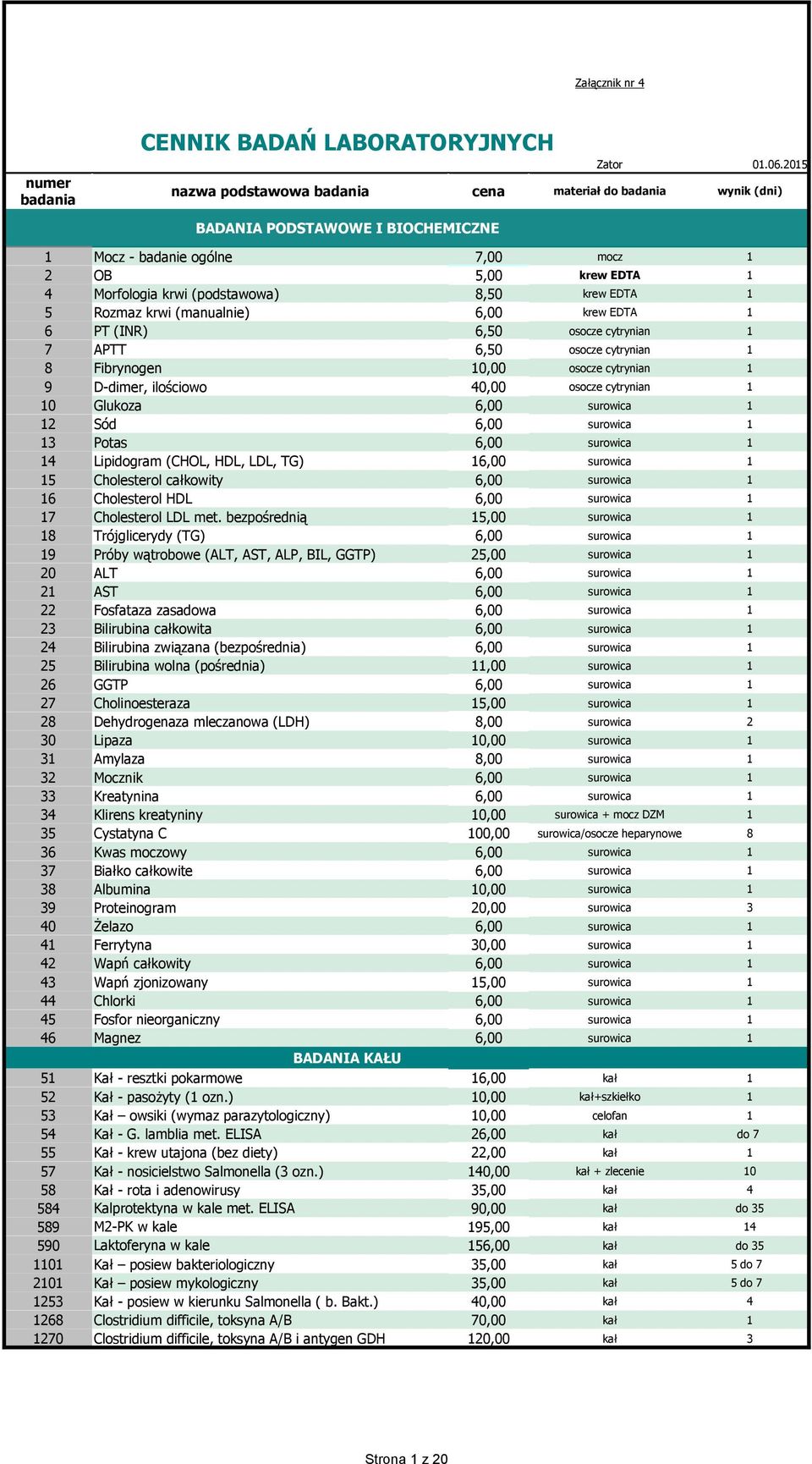 krwi (manualnie) 6,00 krew EDTA 1 6 PT (INR) 6,50 osocze cytrynian 1 7 APTT 6,50 osocze cytrynian 1 8 Fibrynogen 10,00 osocze cytrynian 1 9 D-dimer, ilościowo 40,00 osocze cytrynian 1 10 Glukoza 6,00