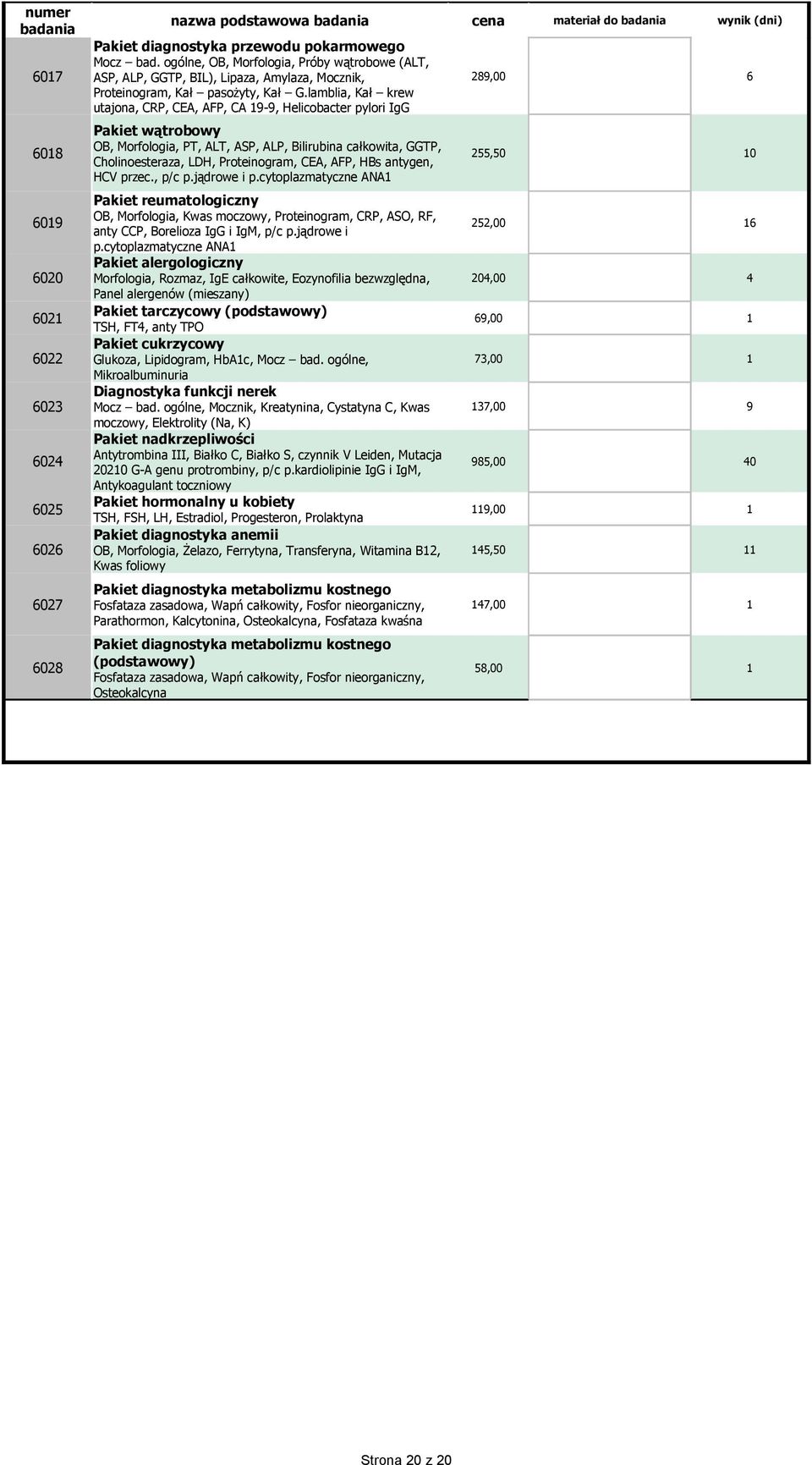 lamblia, Kał krew utajona, CRP, CEA, AFP, CA 19-9, Helicobacter pylori IgG Pakiet wątrobowy 6018 OB, Morfologia, PT, ALT, ASP, ALP, Bilirubina całkowita, GGTP, Cholinoesteraza, LDH, Proteinogram,