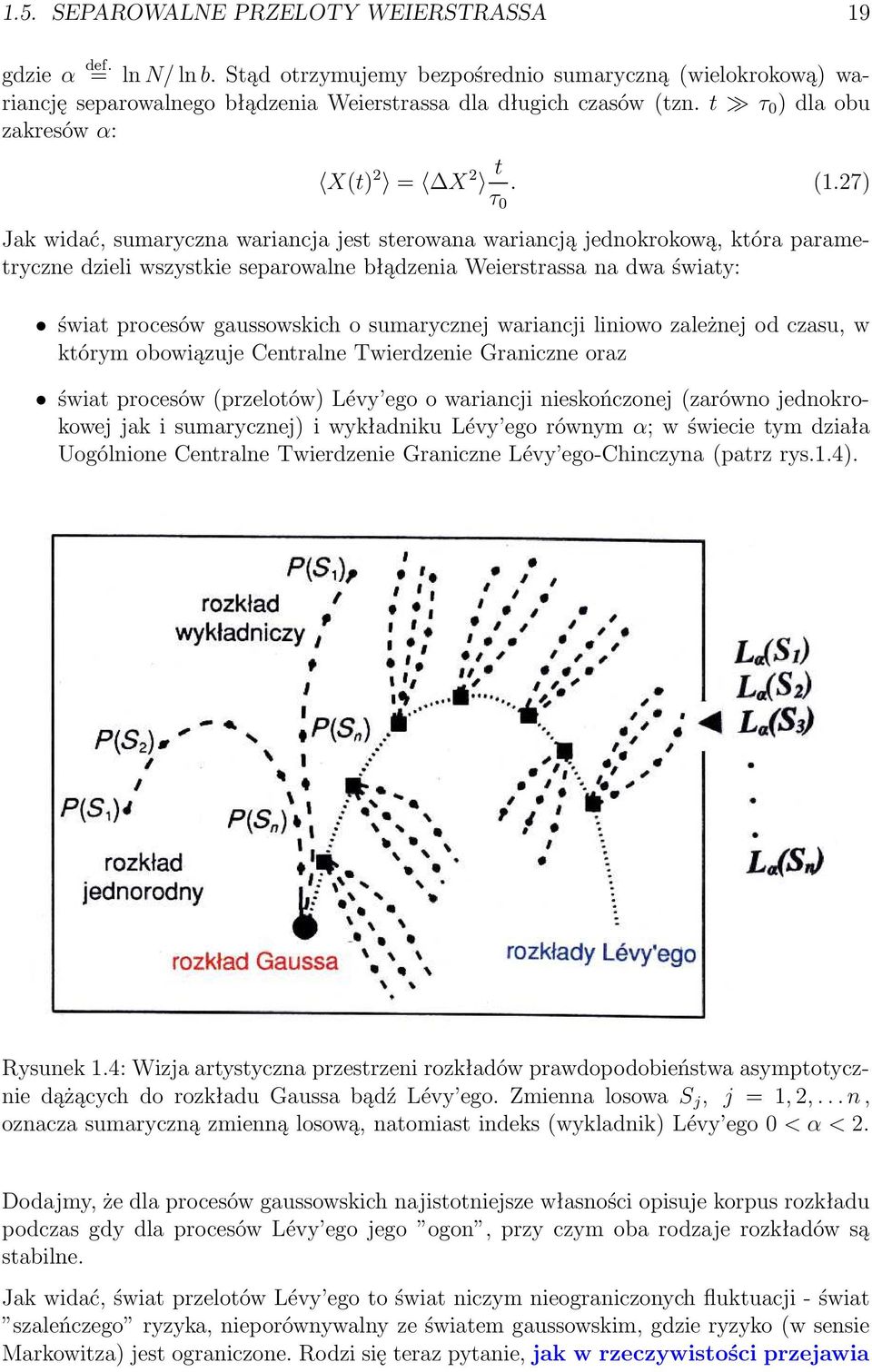 27) Jak widać, sumaryczna wariancja jest sterowana wariancją jednokrokową, która parametryczne dzieli wszystkie separowalne błądzenia Weierstrassa na dwa światy: świat procesów gaussowskich o