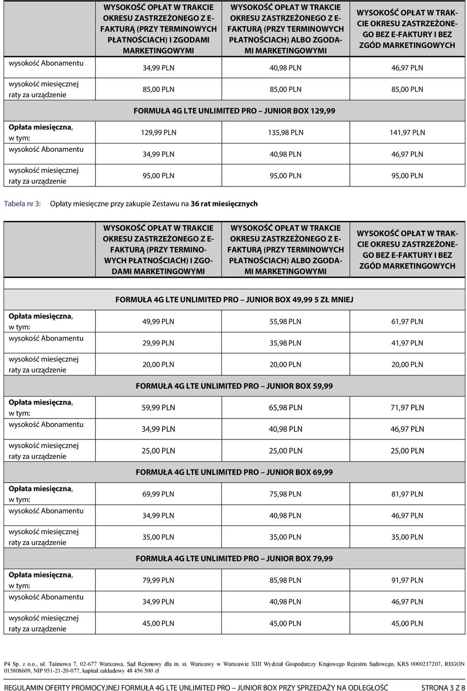 (PRZY TERMINO- WYCH PŁATNOŚCIACH) I ZGO- DAMI MARKETINGOWYMI PŁATNOŚCIACH) ALBO ZGODA- MI MARKETINGOWYMI WYSOKOŚĆ OPŁAT W TRAK- CIE OKRESU ZASTRZEŻONE- GO BEZ E-FAKTURY I BEZ ZGÓD MARKETINGOWYCH