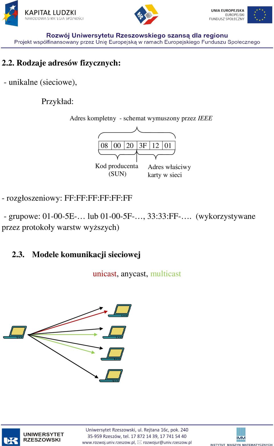 rozgłoszeniowy: FF:FF:FF:FF:FF:FF - grupowe: 01-00-5E- lub 01-00-5F-, 33:33:FF-.