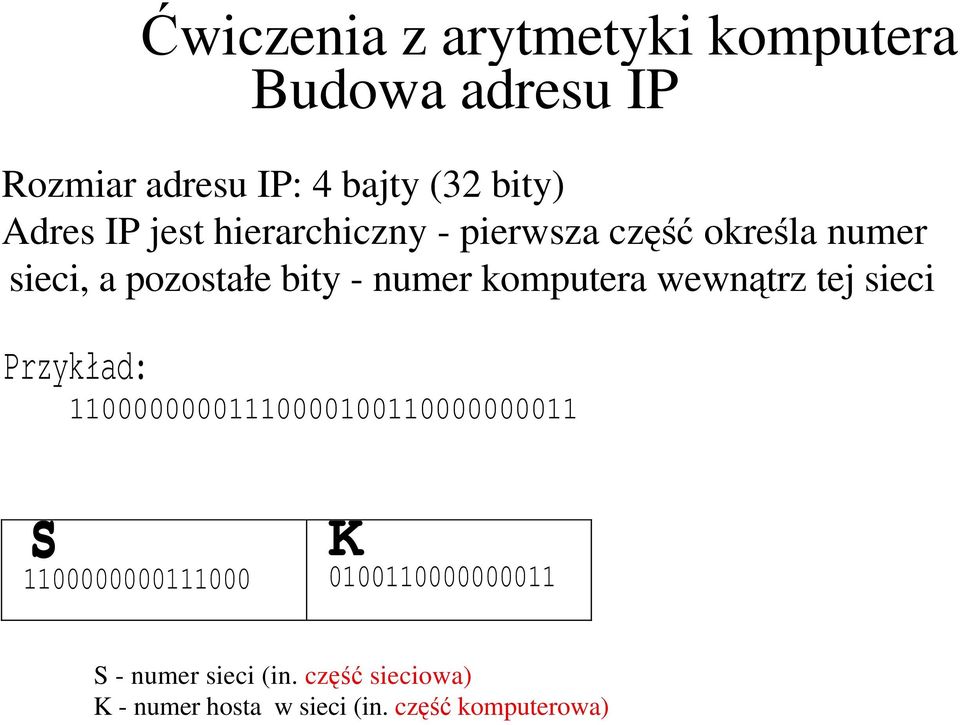 komputera wewnątrz tej sieci Przykład: 11000000001110000100110000000011 s K 1100000000111000