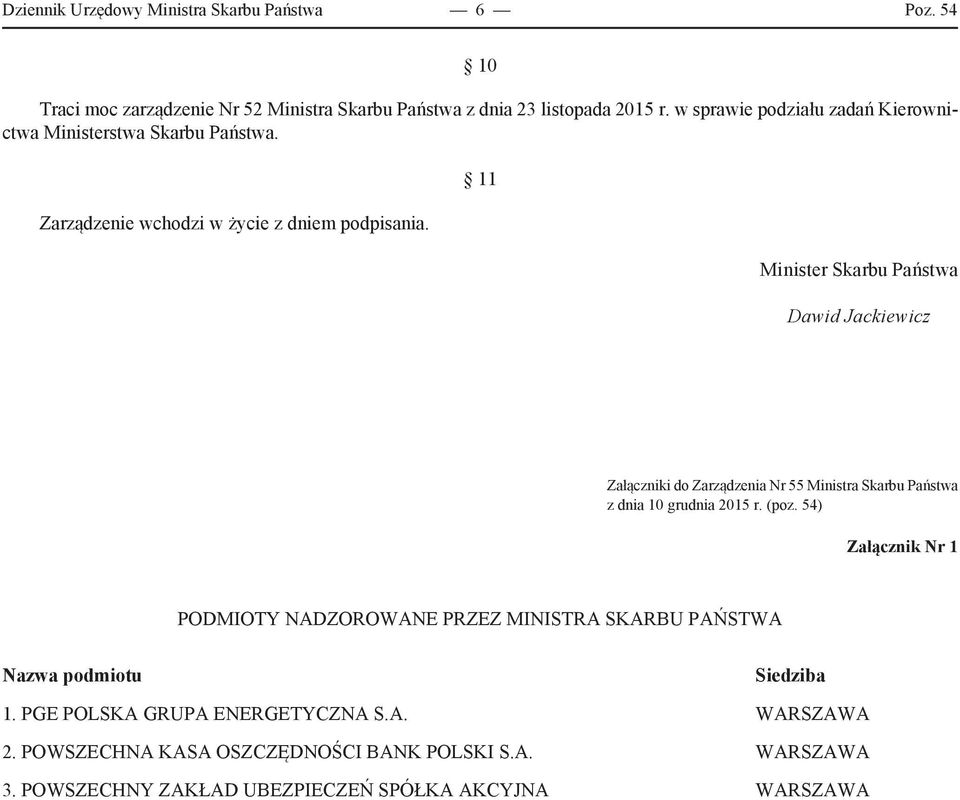 11 Minister Skarbu Państwa Dawid Jackiewicz Załączniki do Zarządzenia Nr 55 Ministra Skarbu Państwa z dnia 10 grudnia 2015 r. (poz.