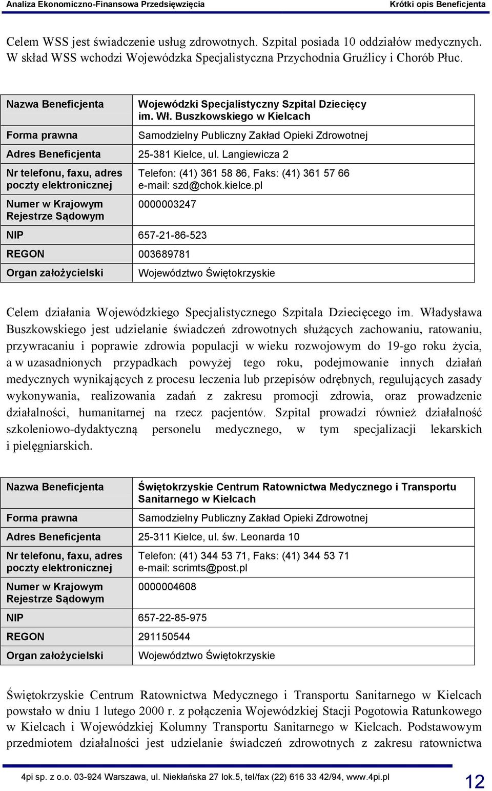 Langiewicza 2 Nr telefonu, faxu, adres poczty elektronicznej Numer w Krajowym Rejestrze Sądowym Telefon: (41) 361 58 86, Faks: (41) 361 57 66 e-mail: szd@chok.kielce.