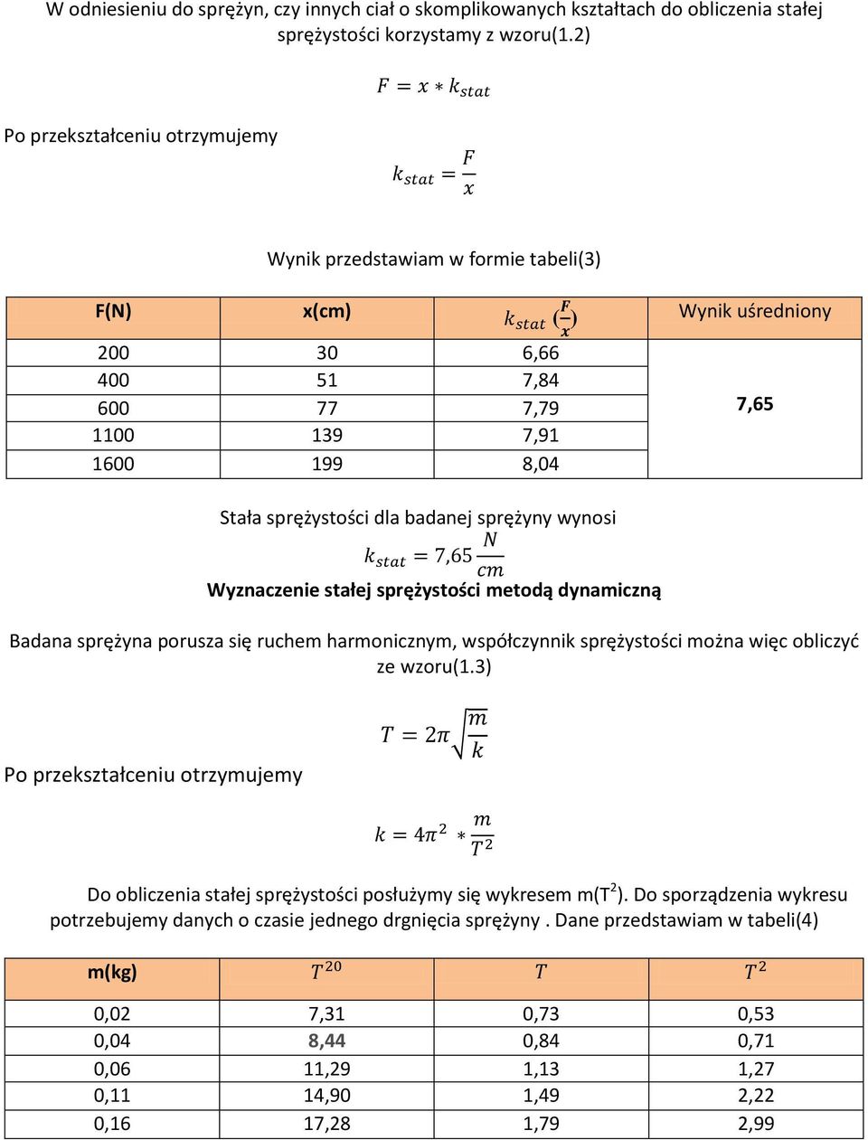 badanej sprężyny wynosi Wyznaczenie stałej sprężystości metodą dynamiczną Badana sprężyna porusza się ruchem harmonicznym, współczynnik sprężystości można więc obliczyd ze wzoru(1.