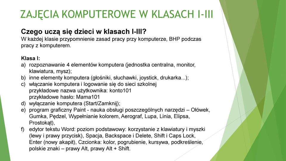 ..); c) włączanie komputera i logowanie się do sieci szkolnej przykładowe nazwa użytkownika: konto101 przykładowe hasło: Mama101 d) wyłączanie komputera (Start/Zamknij); e) program graficzny Paint -