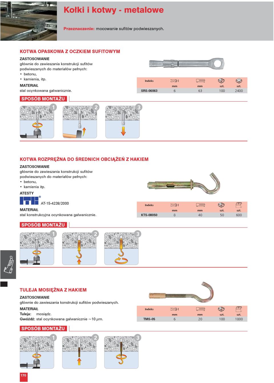 SRS-06063 6 63 2400 1 2 3 KOTWA ROZPRĘŻNA DO ŚREDNICH OBCIĄŻEŃ Z HAKIEM głównie do zawieszania konstrukcji sufitów podwieszanych do materiałów pełnych: betonu, kamienia