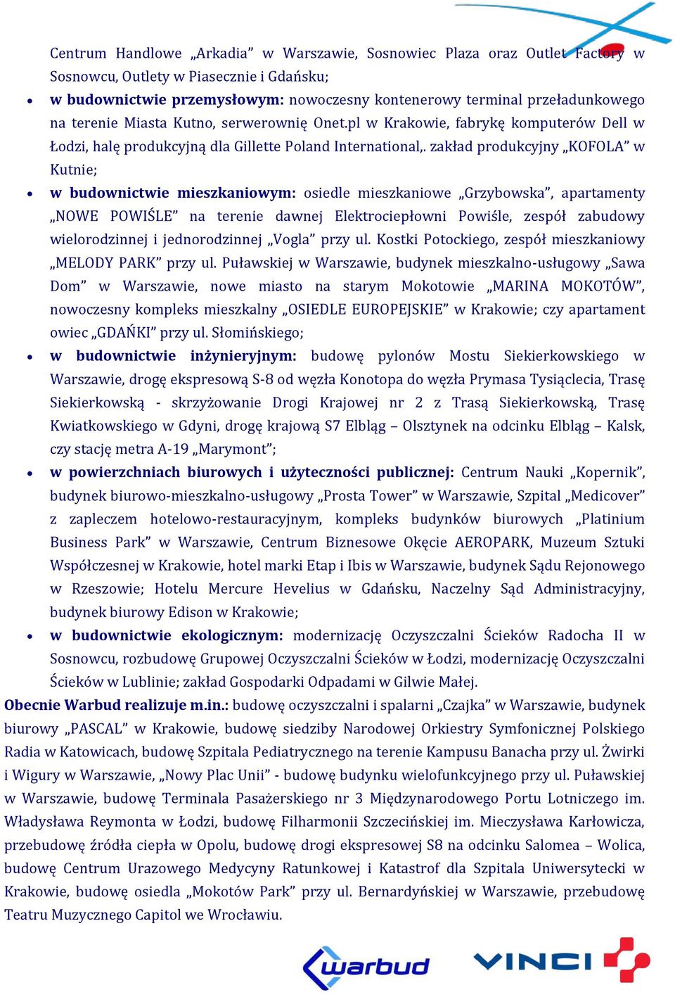 zakład produkcyjny KOFOLA w Kutnie; w budownictwie mieszkaniowym: osiedle mieszkaniowe Grzybowska, apartamenty NOWE POWIŚLE na terenie dawnej Elektrociepłowni Powiśle, zespół zabudowy wielorodzinnej