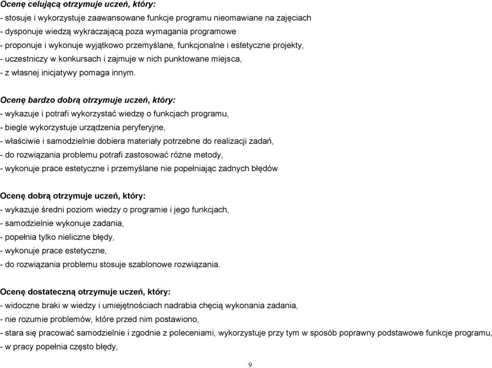 Ocenę bardzo dobrą otrzymuje uczeń, który: - wykazuje i potrafi wykorzystać wiedzę o funkcjach programu, - biegle wykorzystuje urządzenia peryferyjne, - właściwie i samodzielnie dobiera materiały