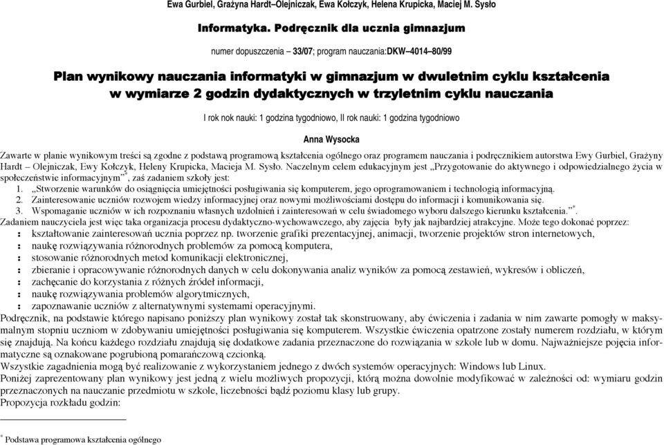 dydaktycznych w trzyletnim cyklu nauczania I rok nok nauki: godzina tygodniowo, II rok nauki: godzina tygodniowo Anna Wysocka Zawarte w planie wynikowym treści są zgodne z podstawą programową