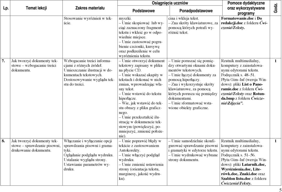 Włączanie i wyłączanie opcji sprawdzania pisowni i gramatyki. Oglądanie podglądu wydruku. Ustalanie wyglądu strony. Ustawianie parametrów wydruku. myszki.