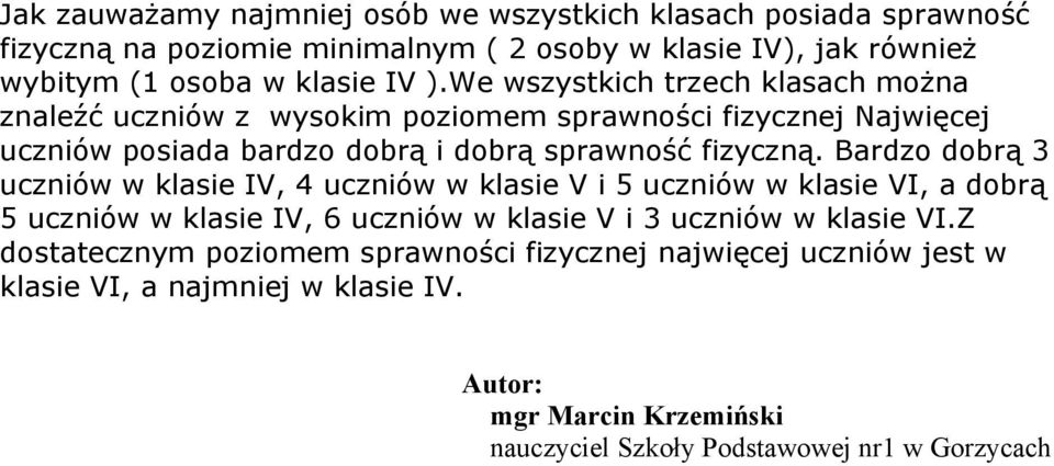 Bardzo dobrą 3 uczniów w klasie IV, 4 uczniów w klasie V i 5 uczniów w klasie VI, a dobrą 5 uczniów w klasie IV, 6 uczniów w klasie V i 3 uczniów w klasie VI.