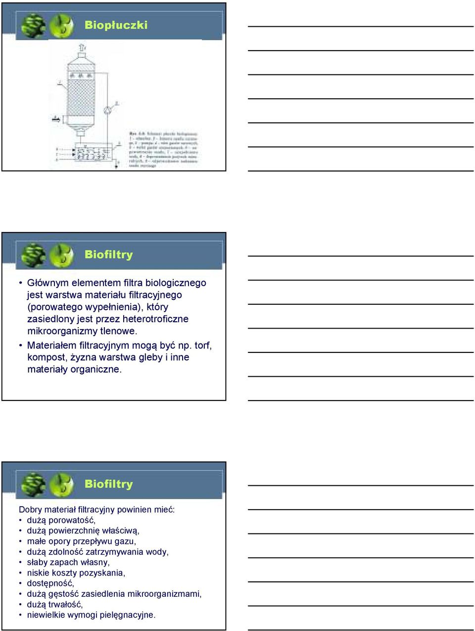 Biofiltry Dobry materiał filtracyjny powinien mieć: dużą porowatość, dużą powierzchnię właściwą, małe opory przepływu gazu, dużą zdolność