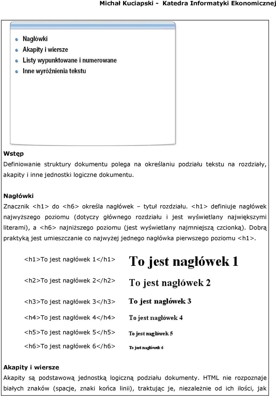 Dobrą praktyką jest umieszczanie co najwyżej jednego nagłówka pierwszego poziomu <h1>.