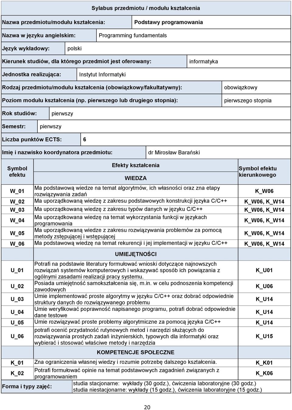 pierwszego lub drugiego stopnia): obowiązkowy pierwszego stopnia Rok studiów: Semestr: pierwszy pierwszy Liczba punktów ECTS: 6 Imię i nazwisko koordynatora przedmiotu: dr Mirosław Barański Symbol