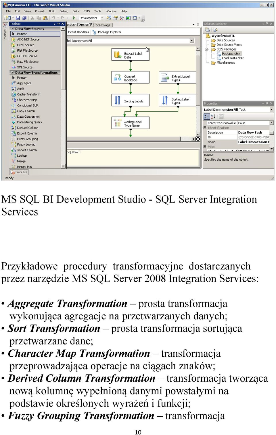 transformacja sortująca przetwarzane dane; Character Map Transformation transformacja przeprowadzająca operacje na ciągach znaków; Derived Column