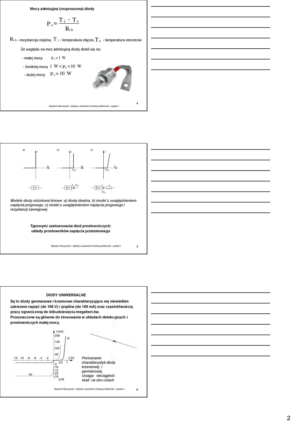 4 Modele diody odcinkami liniowe: a) dioda idealna, b) model z uwzględnieniem napięcia progowego, c) model z uwzględnieniem napięcia progowego i rezystancji szeregowej Typowymi zastosowania diod