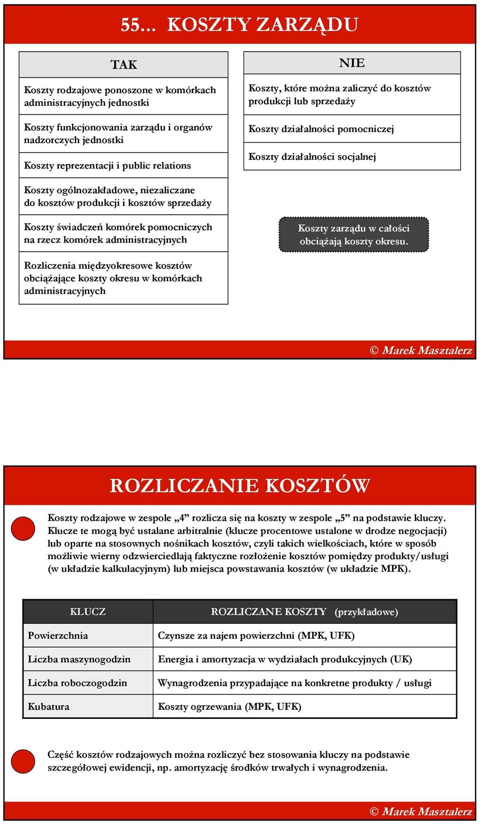 świadczeń komórek pomocniczych na rzecz komórek administracyjnych Koszty zarządu w całości obciąŝają koszty okresu.