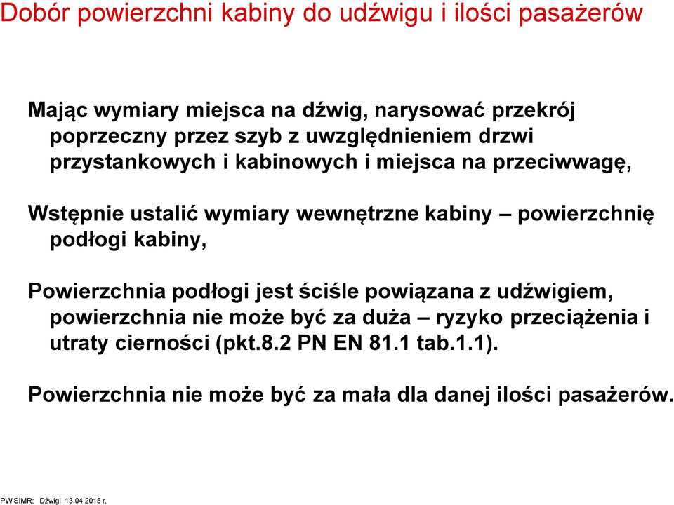 kabiny powierzchnię podłogi kabiny, Powierzchnia podłogi jest ściśle powiązana z udźwigiem, powierzchnia nie może być za