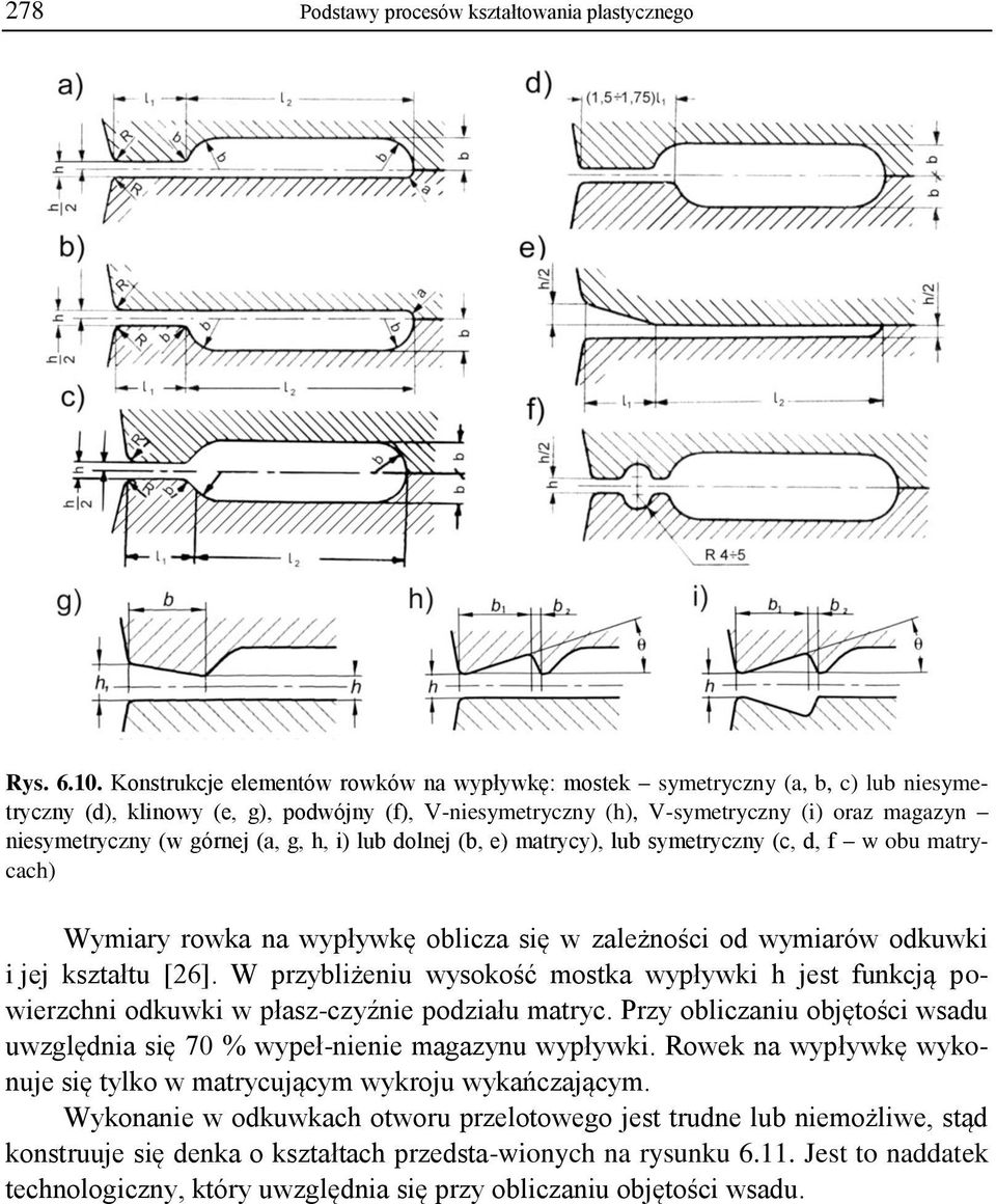 górnej (a, g, h, i) lub dolnej (b, e) matrycy), lub symetryczny (c, d, f w obu matrycach) Wymiary rowka na wypływkę oblicza się w zależności od wymiarów odkuwki i jej kształtu [26].