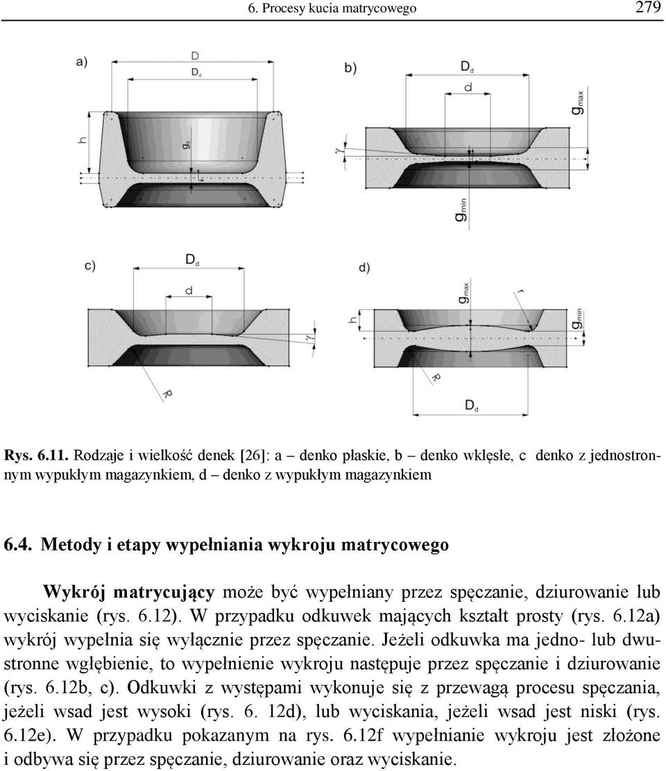 Jeżeli odkuwka ma jedno- lub dwustronne wgłębienie, to wypełnienie wykroju następuje przez spęczanie i dziurowanie (rys. 6.12b, c).