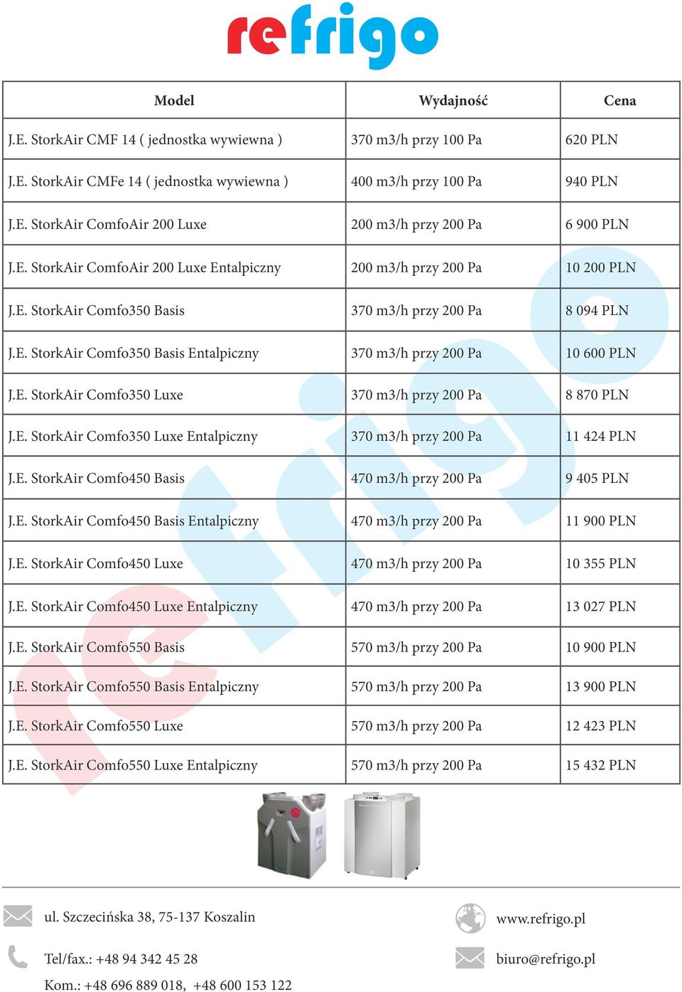 E. StorkAir Comfo350 Luxe 370 m3/h przy 200 Pa 8 870 PLN J.E. StorkAir Comfo350 Luxe Entalpiczny 370 m3/h przy 200 Pa 11 424 PLN J.E. StorkAir Comfo450 Basis 470 m3/h przy 200 Pa 9 405 PLN J.E. StorkAir Comfo450 Basis Entalpiczny 470 m3/h przy 200 Pa 11 900 PLN J.