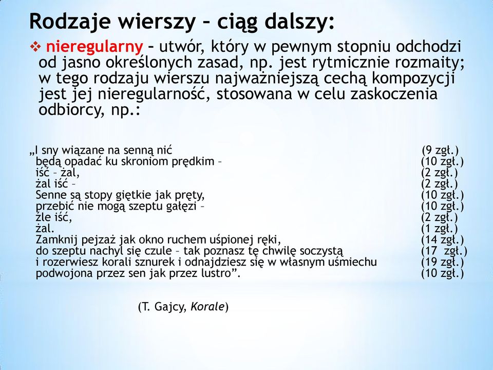 ) będą opadać ku skroniom prędkim (10 zgł.) iść żal, (2 zgł.) żal iść (2 zgł.) Senne są stopy giętkie jak pręty, (10 zgł.) przebić nie mogą szeptu gałęzi (10 zgł.) źle iść, (2 zgł.) żal. (1 zgł.