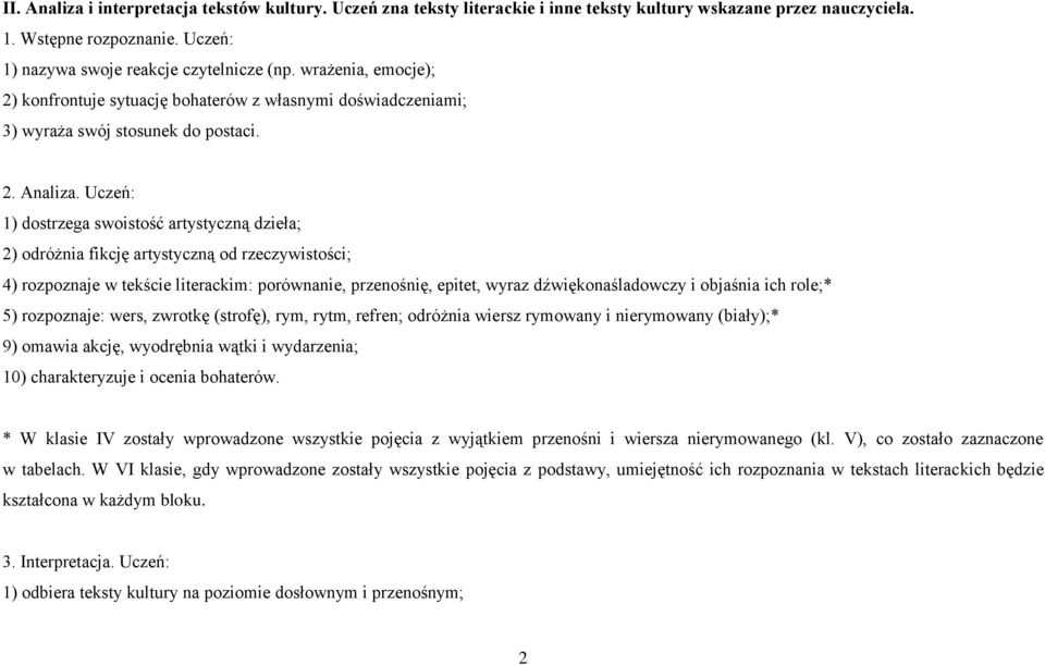 Uczeń: 1) dostrzega swoistość artystyczną dzieła; 2) odróżnia fikcję artystyczną od rzeczywistości; 4) rozpoznaje w tekście literackim: porównanie, przenośnię, epitet, wyraz dźwiękonaśladowczy i