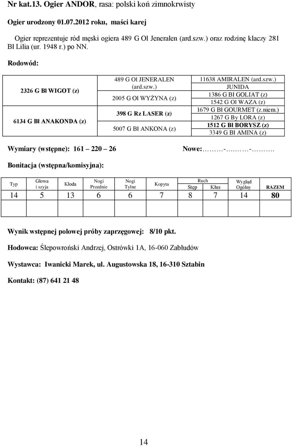 ) 2005 G Ol WYŻYNA (z) 398 G Rz LASER (z) 5007 G Bł ANKONA (z) 11638 AMIRALEN (ard.szw.) JUNIDA 1386 G Bł GOLIAT (z) 1542 G Ol WAZA (z) 1679 G Bł GOURMET (z.niem.