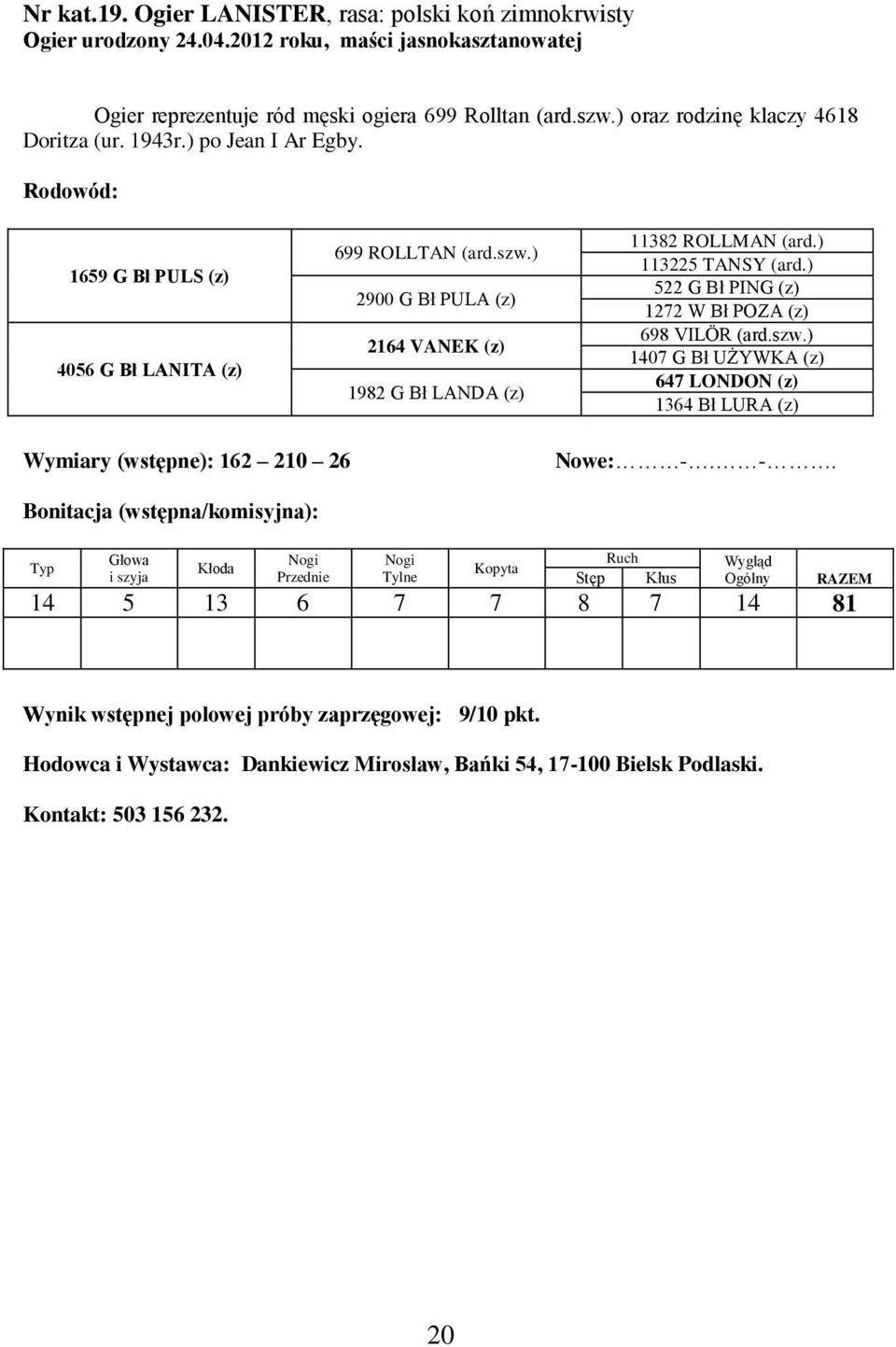 ) 2900 G Bł PULA (z) 2164 VANEK (z) 1982 G Bł LANDA (z) 11382 ROLLMAN (ard.) 113225 TANSY (ard.) 522 G Bł PING (z) 1272 W Bł POZA (z) 698 VILÖR (ard.szw.