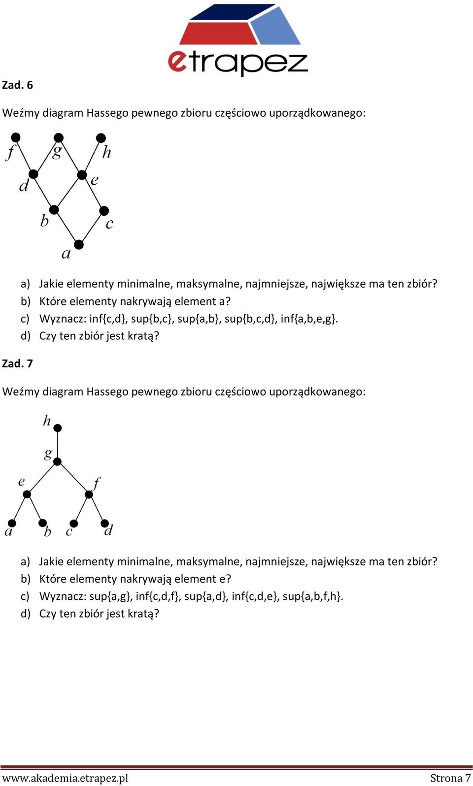 c) Wyznacz: inf{c,d}, sup{b,c}, sup{a,b}, sup{b,c,d}, inf{a,b,e,g}. d) Czy ten zbiór jest kratą?