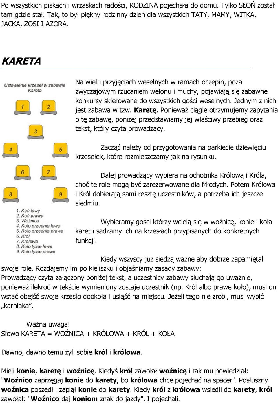 Jednym z nich jest zabawa w tzw. Karetę. Ponieważ ciągle otrzymujemy zapytania o tę zabawę, poniżej przedstawiamy jej właściwy przebieg oraz tekst, który czyta prowadzący.