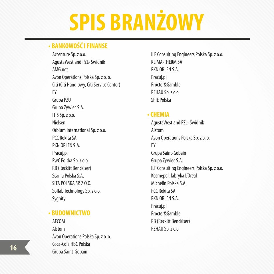 z o.o. Sygnity BUDOWNICTWO AECOM Alstom Avon Operations Polska Sp. z o. o. Coca-Cola HBC Polska Grupa Saint-Gobain ILF Consulting Engineers Polska Sp. z o.o. KLIMA-THERM SA PKN ORLEN S.A. Pracuj.