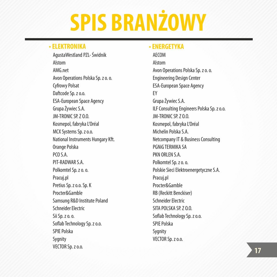 z o. o. So ab Technology Sp. z o.o. SPIE Polska Sygnity VECTOR Sp. z o.o. ENERGETYKA AECOM Alstom Avon Operations Polska Sp. z o. o. Engineering Design Center ESA-European Space Agency EY Grupa Żywiec S.