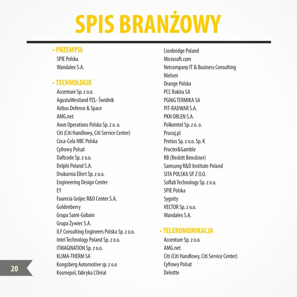 z o.o. Intel Technology Poland Sp. z o.o. ITMAGINATION Sp. z o.o. KLIMA-THERM SA Kongsberg Automotive sp. z o.o Kosmepol, fabryka L Oréal Lionbridge Poland Microsoft.