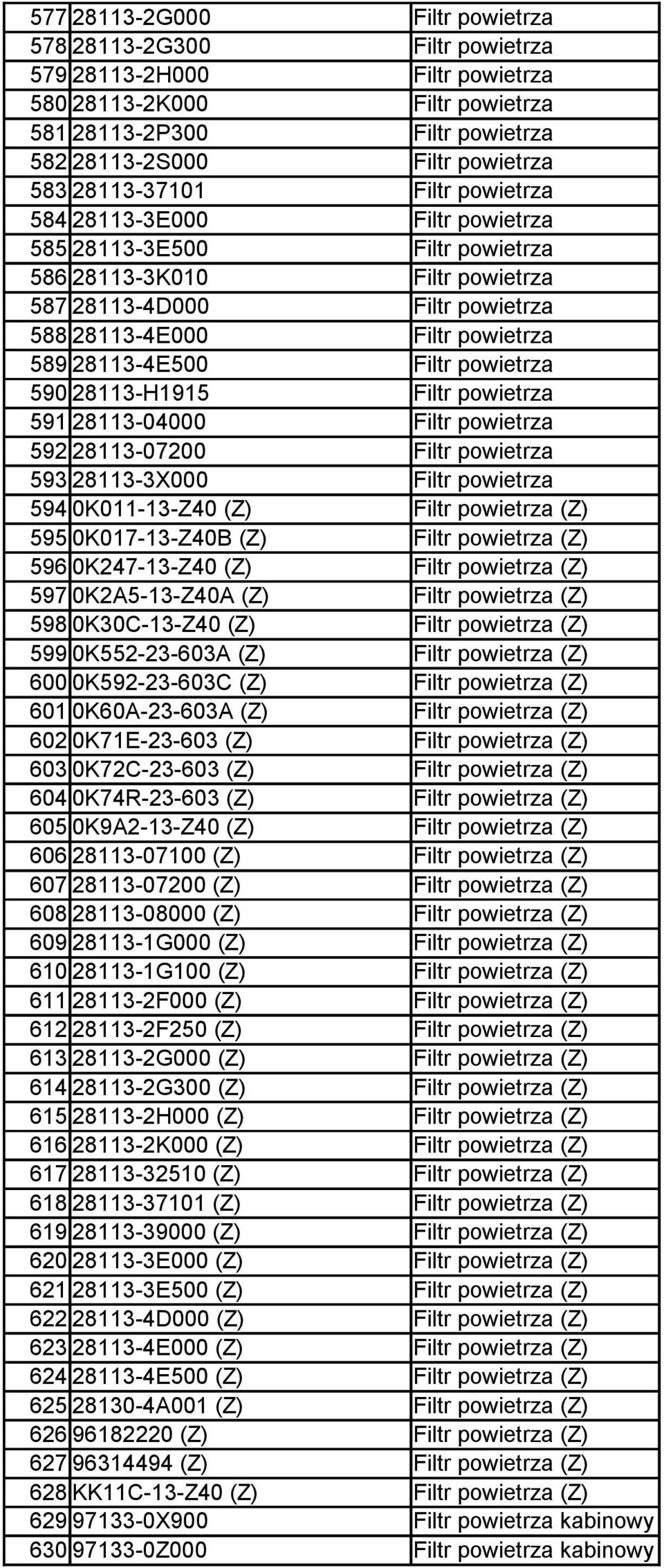 28113-4E500 Filtr powietrza 590 28113-H1915 Filtr powietrza 591 28113-04000 Filtr powietrza 592 28113-07200 Filtr powietrza 593 28113-3X000 Filtr powietrza 594 0K011-13-Z40 (Z) Filtr powietrza (Z)
