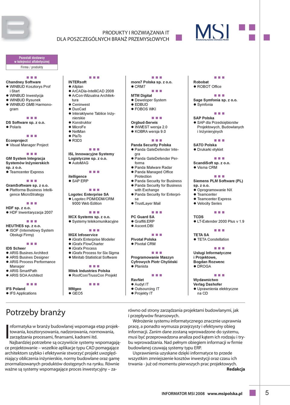 (Internetowy System Obsługi Firmy) IDS Scheer ARIS Busines Architect ARIS Busines Designer ARIS Process Performance Manager ARIS SmartPath ARIS SOA Architect IFS Poland IFS Applications INTERsoft