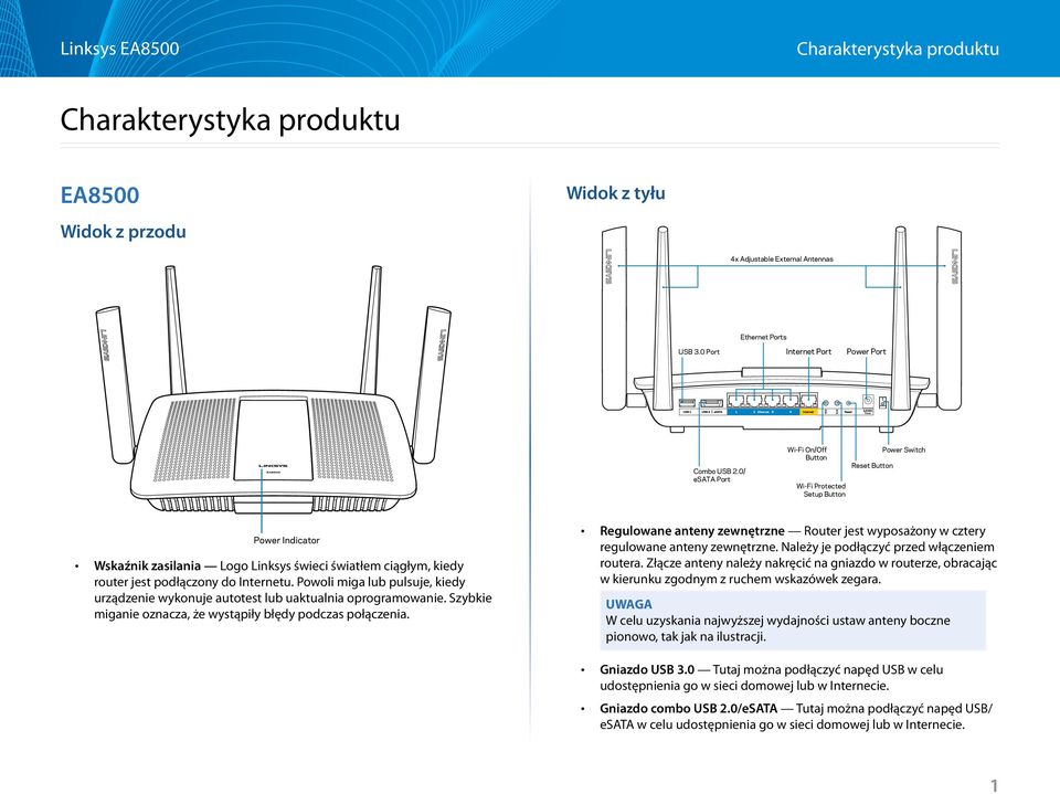 0/ esata Port Wi-Fi On/Off Button Wi-Fi Protected Setup Button Reset Button Power Switch Power Indicator awing of top view page 1> Wskaźnik zasilania Logo Linksys świeci światłem ciągłym, kiedy