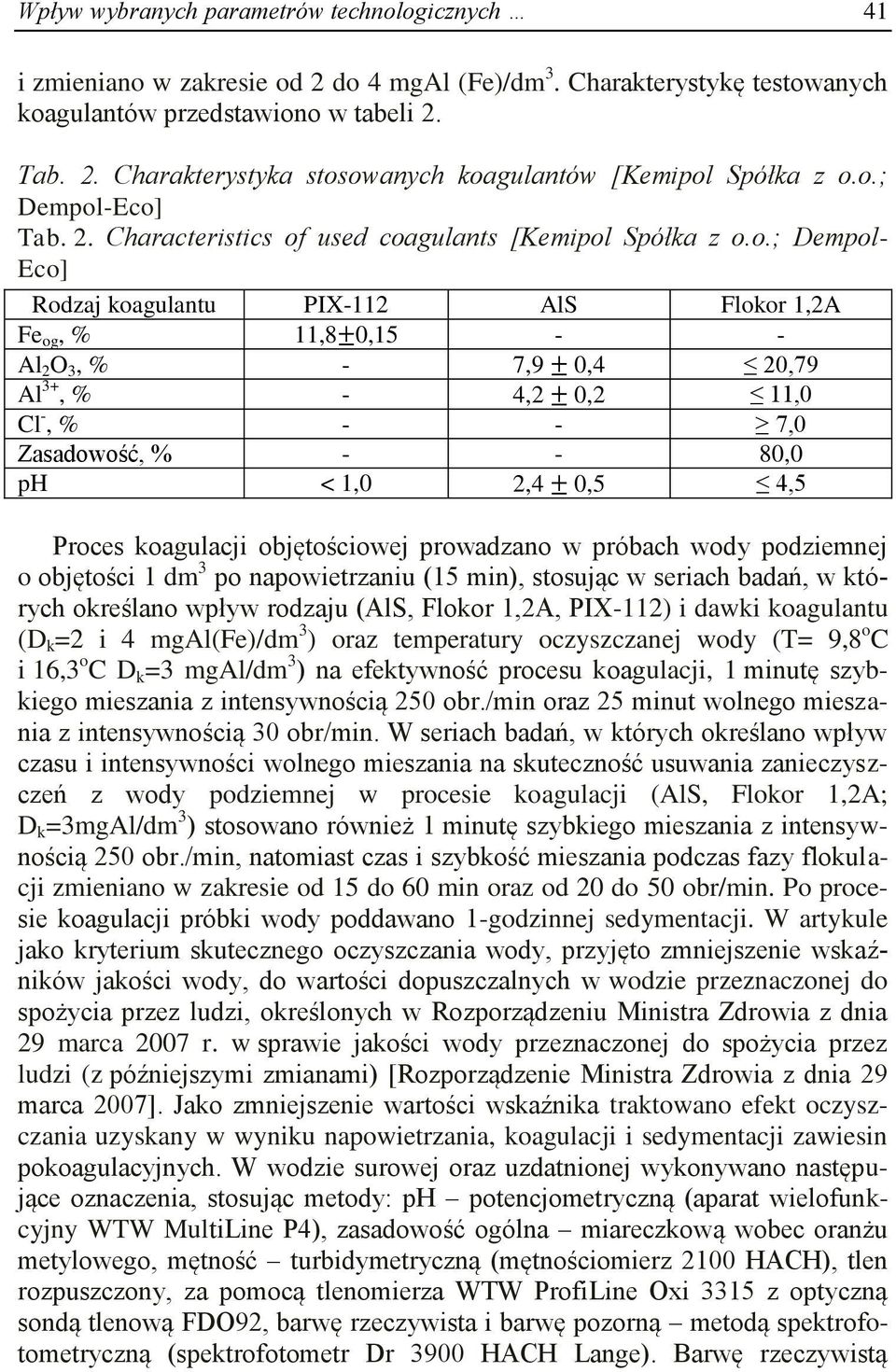 - 4,2 ± 0,2 11,0 Cl -, % - - 7,0 Zasadowość, % - - 80,0 ph < 1,0 2,4 ± 0,5 4,5 Proces koagulacji objętościowej prowadzano w próbach wody podziemnej o objętości 1 dm 3 po napowietrzaniu (15 min),